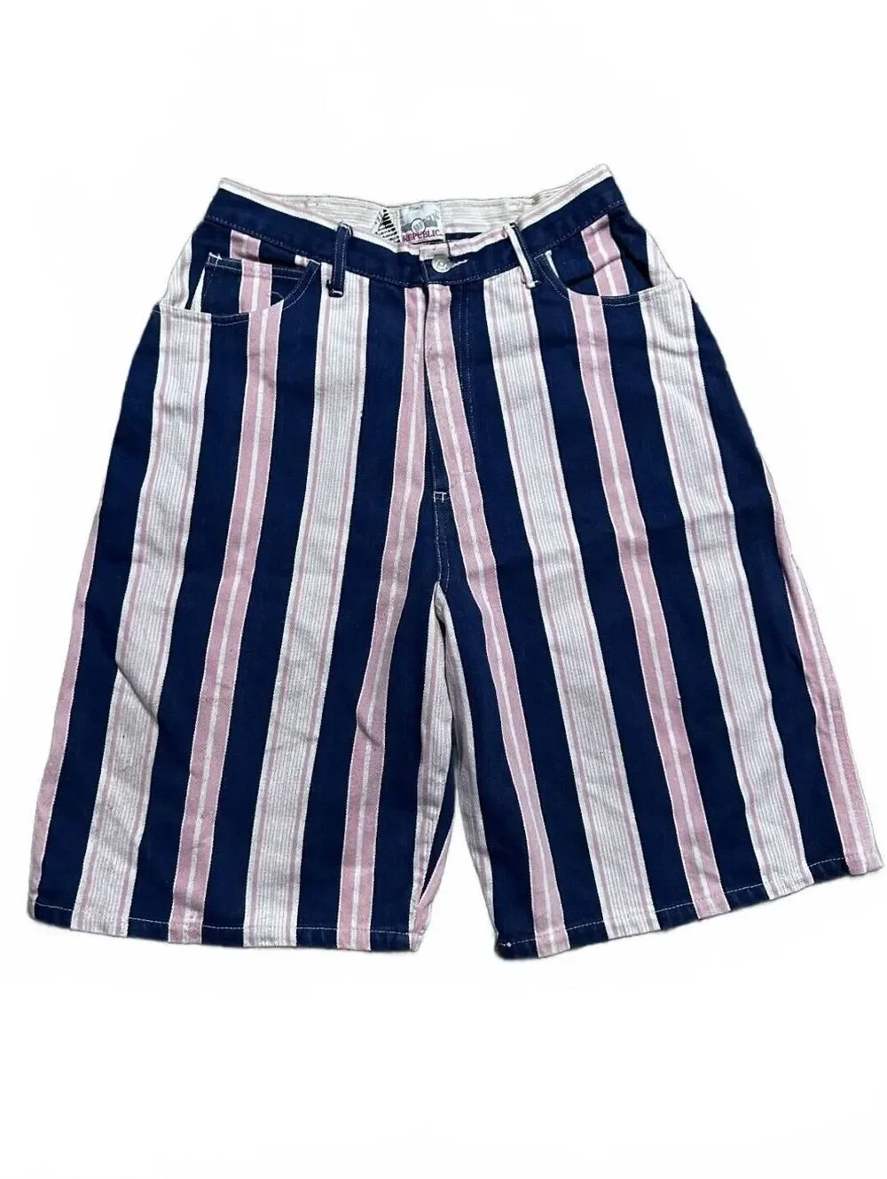Vintage 90s Cotton Navy Blue and Pink Denim High Rise Shorts Size 11/12, 27
